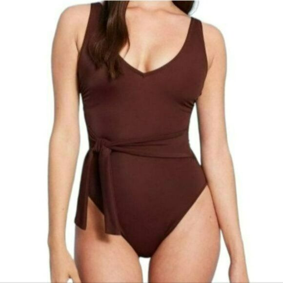 Shade And Shore‎ Plunge Tie-Front Wrap One Piece Brown Swimsuit Size S New - Picture 4 of 4